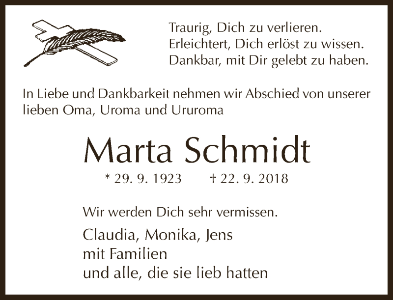  Traueranzeige für Marta Schmidt vom 25.09.2018 aus Neue Westfälische