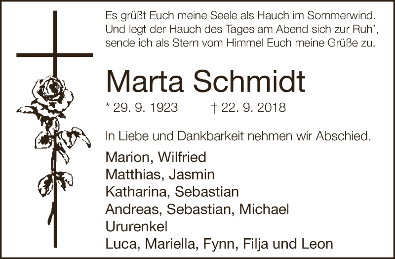  Traueranzeige für Marta Schmidt vom 26.09.2018 aus Neue Westfälische