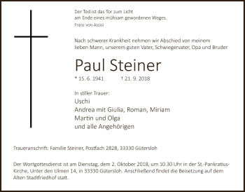 Traueranzeige von Paul Steiner von Neue Westfälische