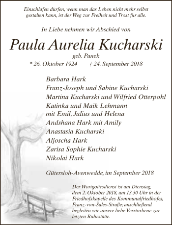 Traueranzeige von Paula Aurelia Kucharski von Neue Westfälische