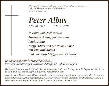 Traueranzeige von Peter Albus von Neue Westfälische