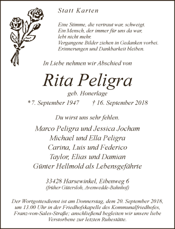 Traueranzeige von Rita Peligra von Neue Westfälische