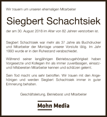 Traueranzeige von Siegbert Schachtsiek von Neue Westfälische