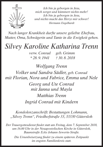 Traueranzeige von Silvey Karoline Katharina Trenn von Neue Westfälische