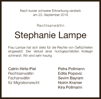 Traueranzeige von Stephanie Lampe von Neue Westfälische