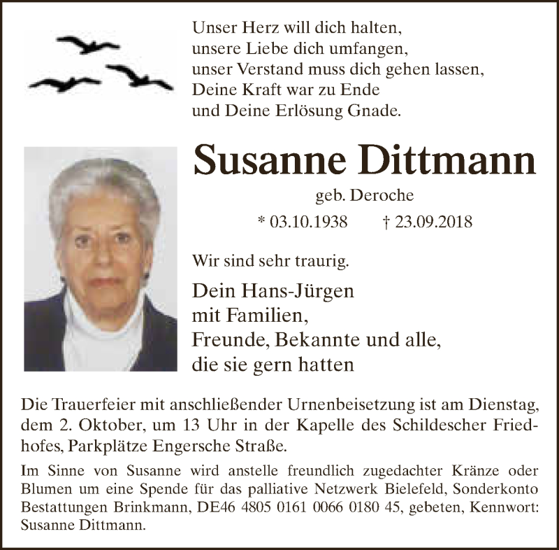  Traueranzeige für Susanne Dittmann vom 29.09.2018 aus Neue Westfälische