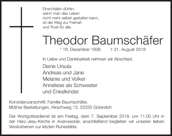 Traueranzeige von Theodor Baumschäfer von Neue Westfälische