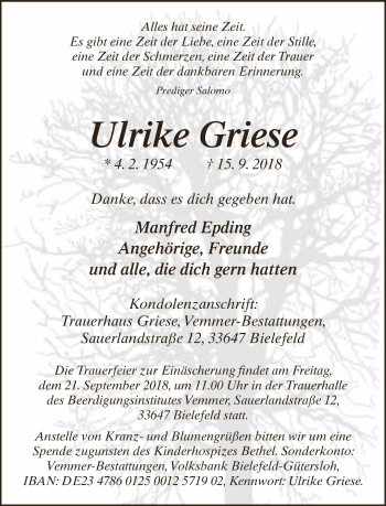 Traueranzeige von Ulrike Griese von Neue Westfälische