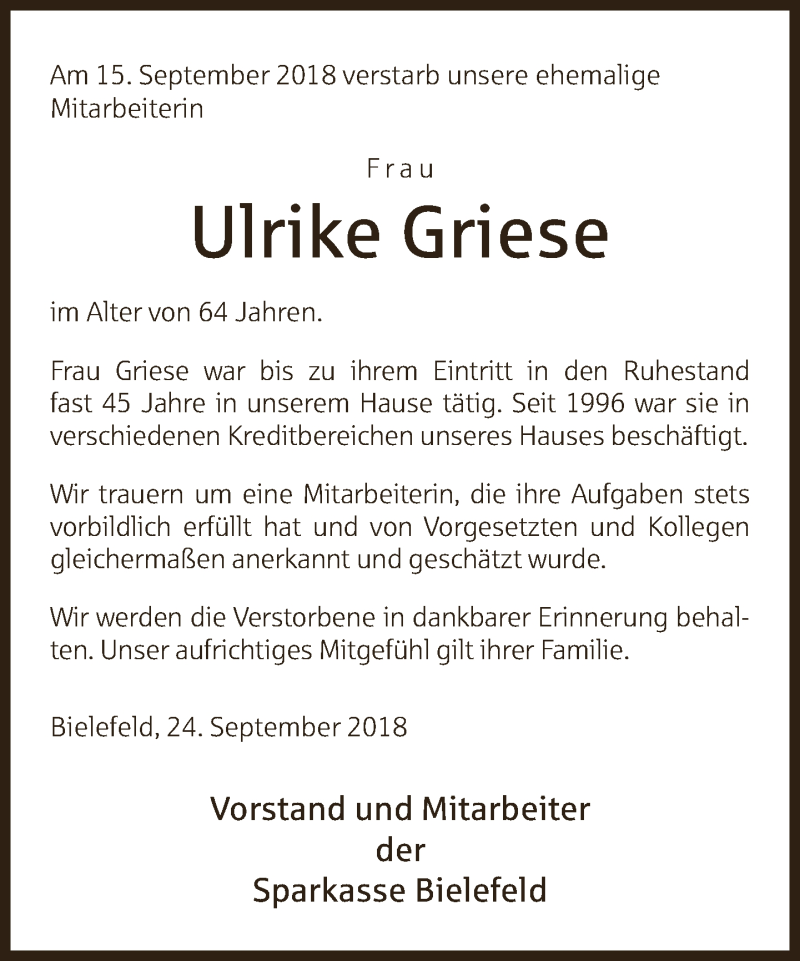  Traueranzeige für Ulrike Griese vom 24.09.2018 aus Neue Westfälische