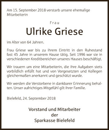 Traueranzeige von Ulrike Griese von Neue Westfälische