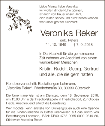 Traueranzeige von Veronika Reker von Neue Westfälische