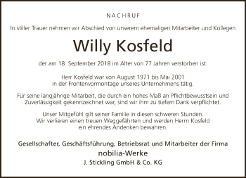 Traueranzeige von Willy Kosfeld von Neue Westfälische