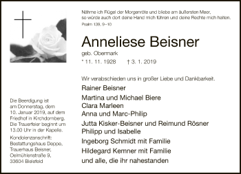 Traueranzeige von Anneliese Beisner von Neue Westfälische