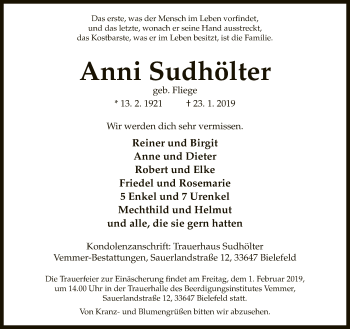 Traueranzeige von Anni Sudhölter von Neue Westfälische