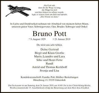 Traueranzeige von Bruno Pott von Neue Westfälische