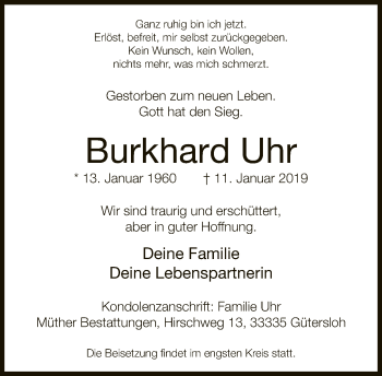 Traueranzeige von Burkhard Uhr von Neue Westfälische