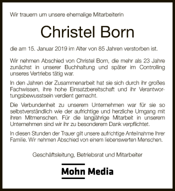 Traueranzeige von Christel Born von Neue Westfälische