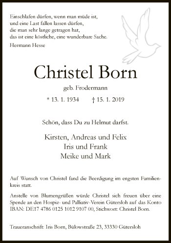 Traueranzeige von Christel Born von Neue Westfälische