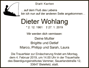 Traueranzeige von Dieter Wohlang von Neue Westfälische