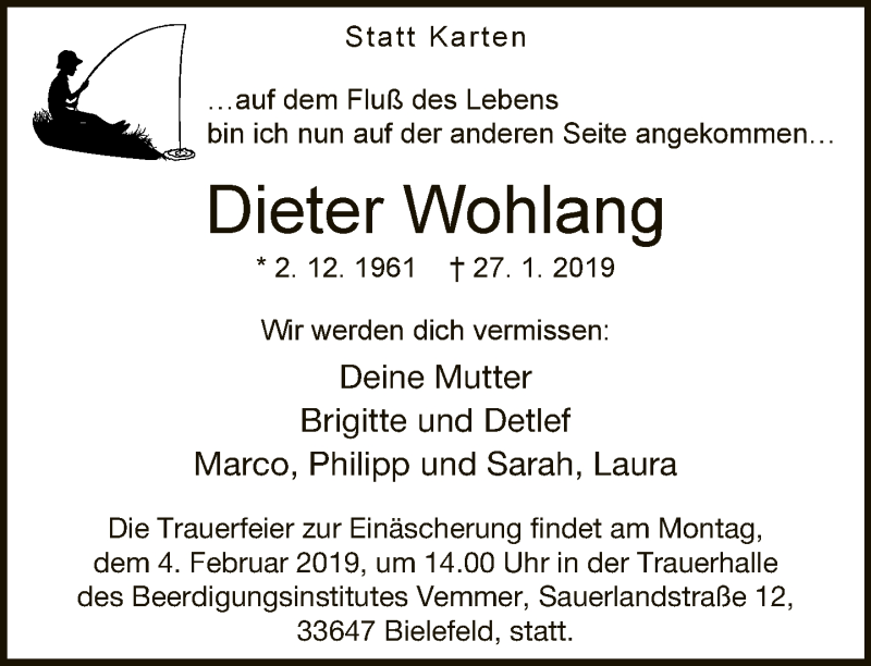  Traueranzeige für Dieter Wohlang vom 31.01.2019 aus Neue Westfälische