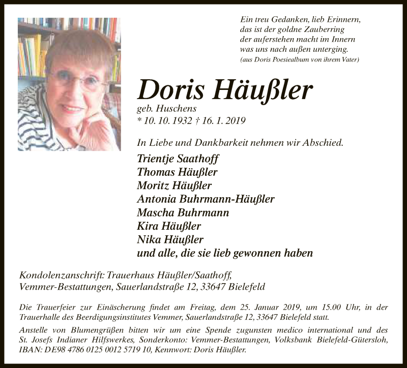  Traueranzeige für Doris Häußler vom 23.01.2019 aus Neue Westfälische