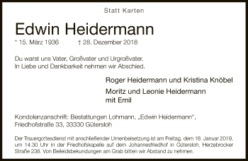 Traueranzeige von Edwin Heidermann von Neue Westfälische