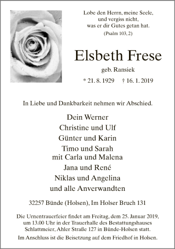 Traueranzeige von Elsbeth Frese von Neue Westfälische