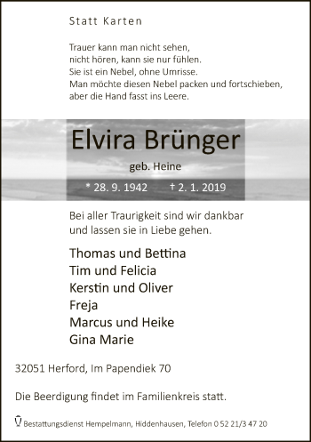Traueranzeige von Elvira Brünger von Neue Westfälische