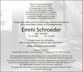 Traueranzeige von Emmi Schroeder von Neue Westfälische