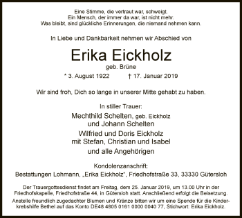 Traueranzeige von Erika Eickholz von Neue Westfälische