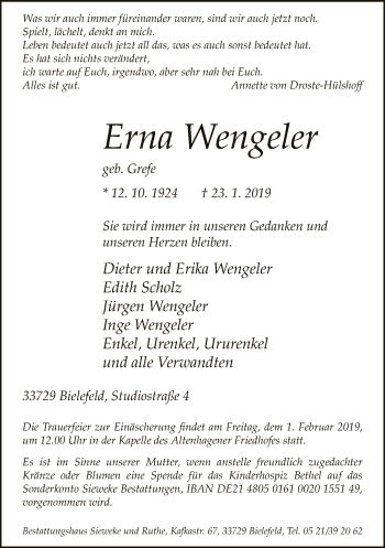 Traueranzeige von Erna Wengeler