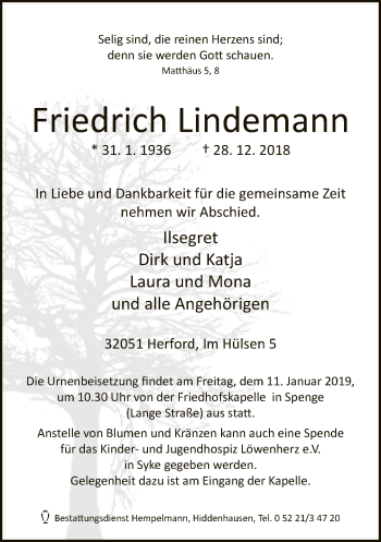 Traueranzeige von Friedrich Lindemann von Neue Westfälische