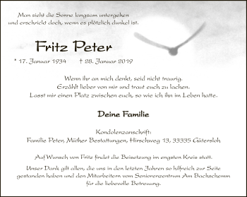 Traueranzeige von Fritz Peter von Neue Westfälische