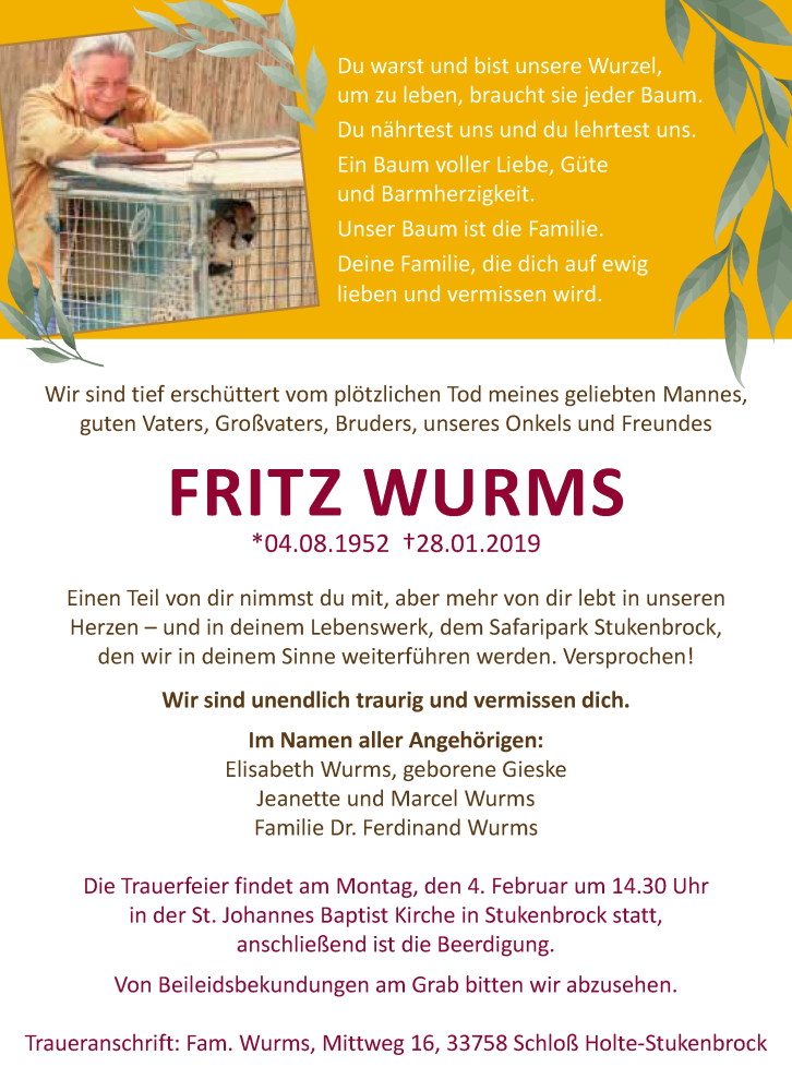  Traueranzeige für Fritz Wurms vom 30.01.2019 aus Neue Westfälische