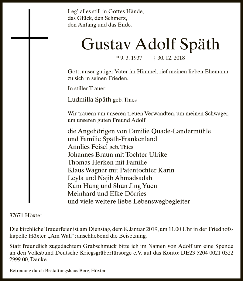  Traueranzeige für Gustav Adolf Späth vom 05.01.2019 aus Neue Westfälische