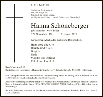 Traueranzeige von Hanna Schöneberger von Neue Westfälische