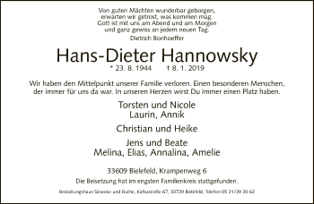 Traueranzeige von Hans-Dieter Hannowsky