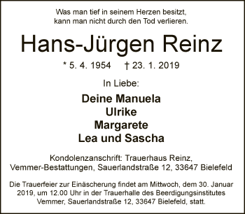 Traueranzeige von Hans-Jürgen Reinz von Neue Westfälische