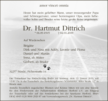 Traueranzeige von Hartmut Dittrich von Neue Westfälische