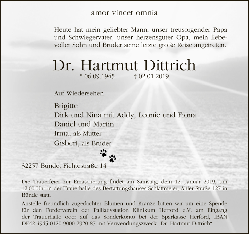  Traueranzeige für Hartmut Dittrich vom 05.01.2019 aus Neue Westfälische