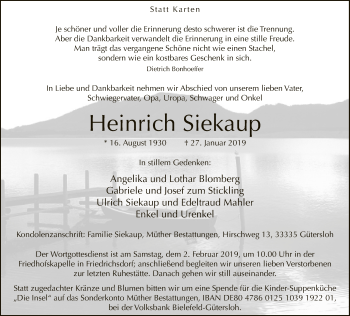 Traueranzeige von Heinrich Siekaup von Neue Westfälische