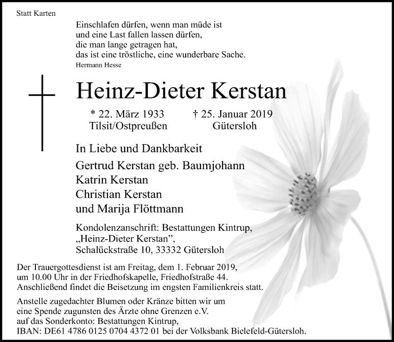  Traueranzeige für Heinz-Dieter Kerstan vom 29.01.2019 aus Neue Westfälische