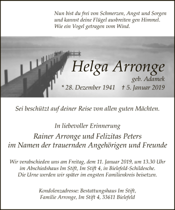 Traueranzeige von Helga Arronge von Neue Westfälische