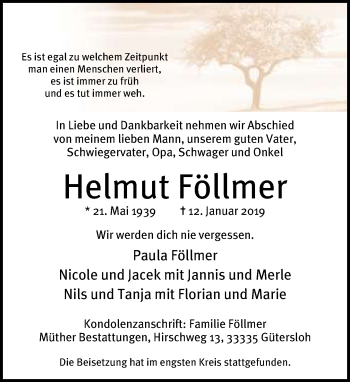 Traueranzeige von Helmut Föllmer von Neue Westfälische