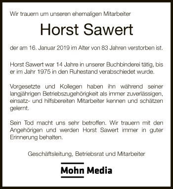 Traueranzeige von Horst Sawert von Neue Westfälische