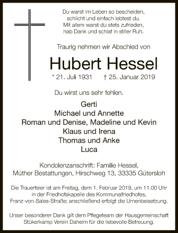 Traueranzeige von Hubert Hessel von Neue Westfälische