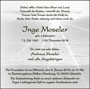 Traueranzeige von Inge Moseler von Neue Westfälische