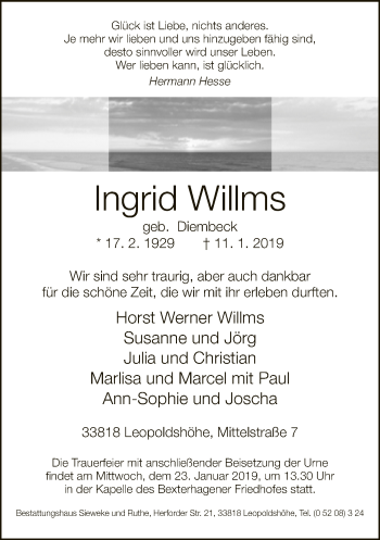 Traueranzeige von Ingrid Willms