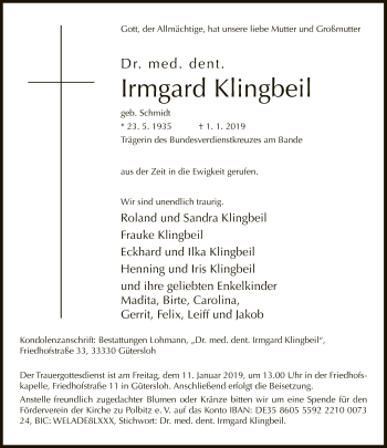 Traueranzeige von Irmgard Klingbeil von Neue Westfälische