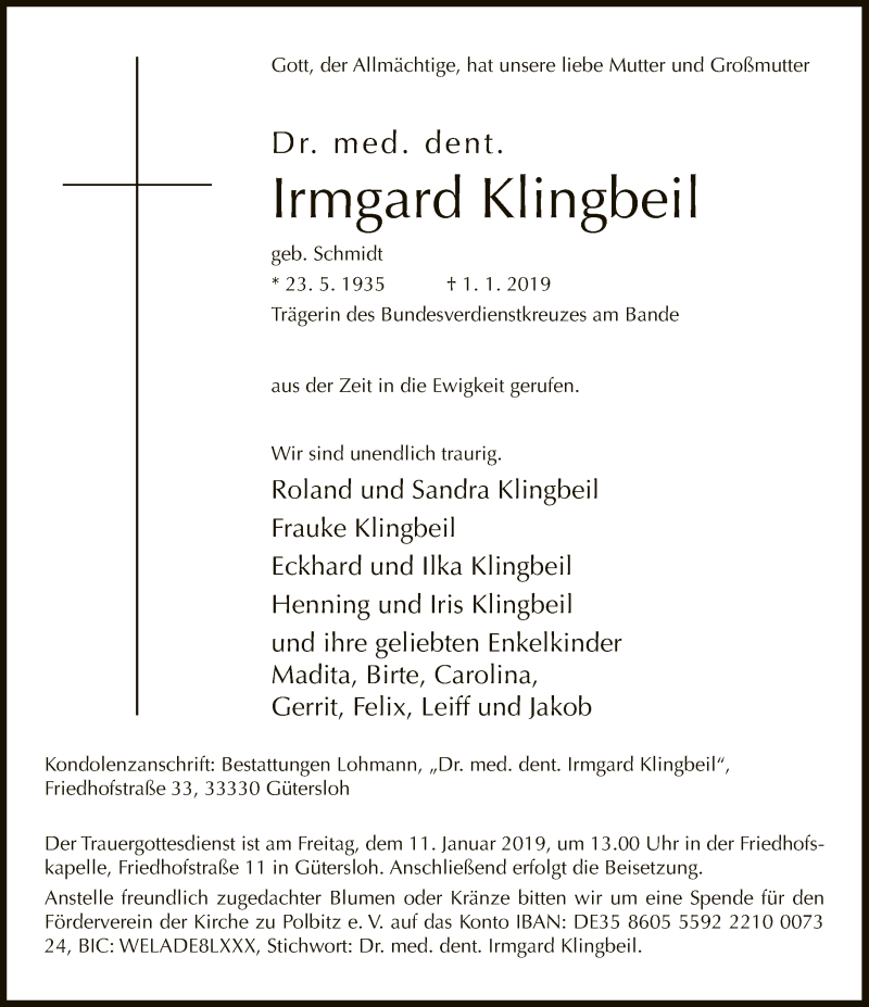  Traueranzeige für Irmgard Klingbeil vom 05.01.2019 aus Neue Westfälische